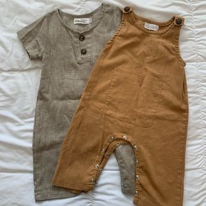 Linen gender neutral baby jumpsuits.